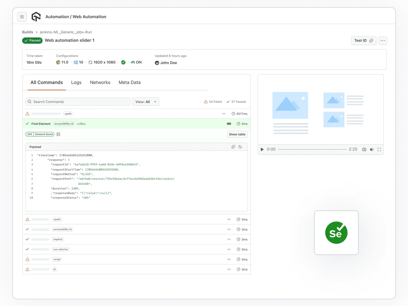 Selenium Tests Logs Selenium Tests Logs